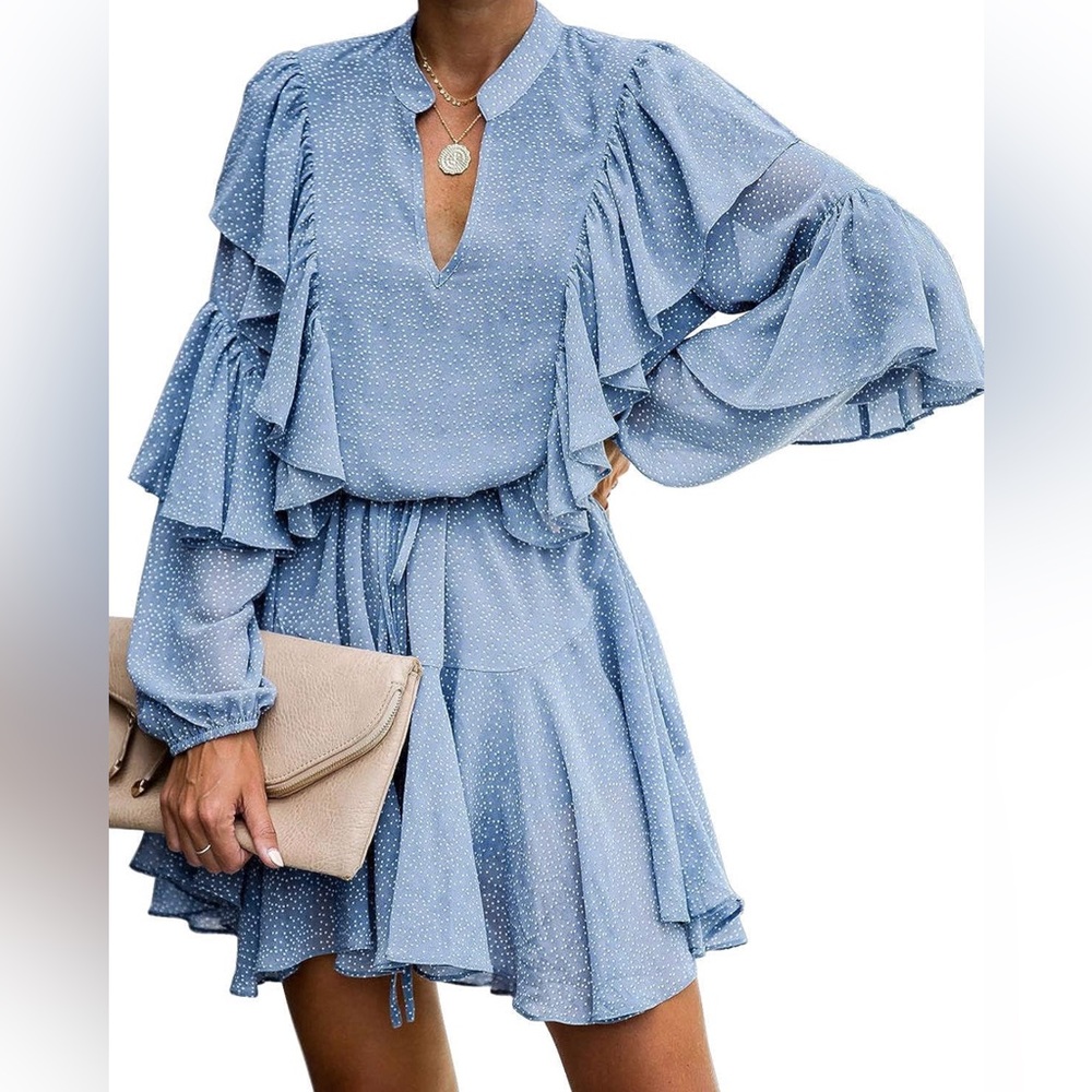 LARGE NWT Women's Elegant Long Sleeve Dresses V Neck High Waist Ruff